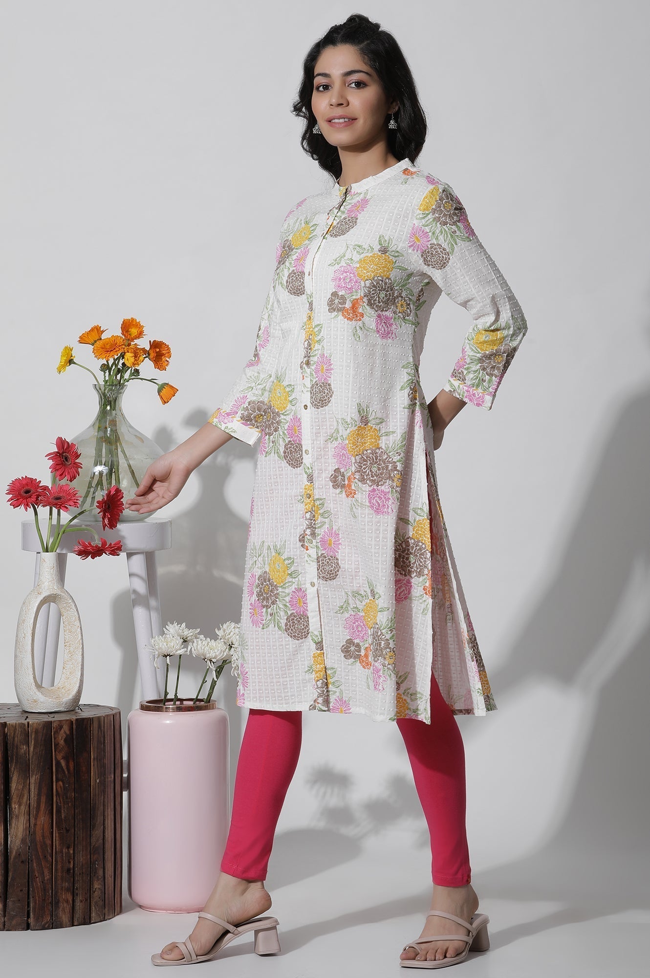 W for Woman White Floral Printed Button Down Cotton Kurta