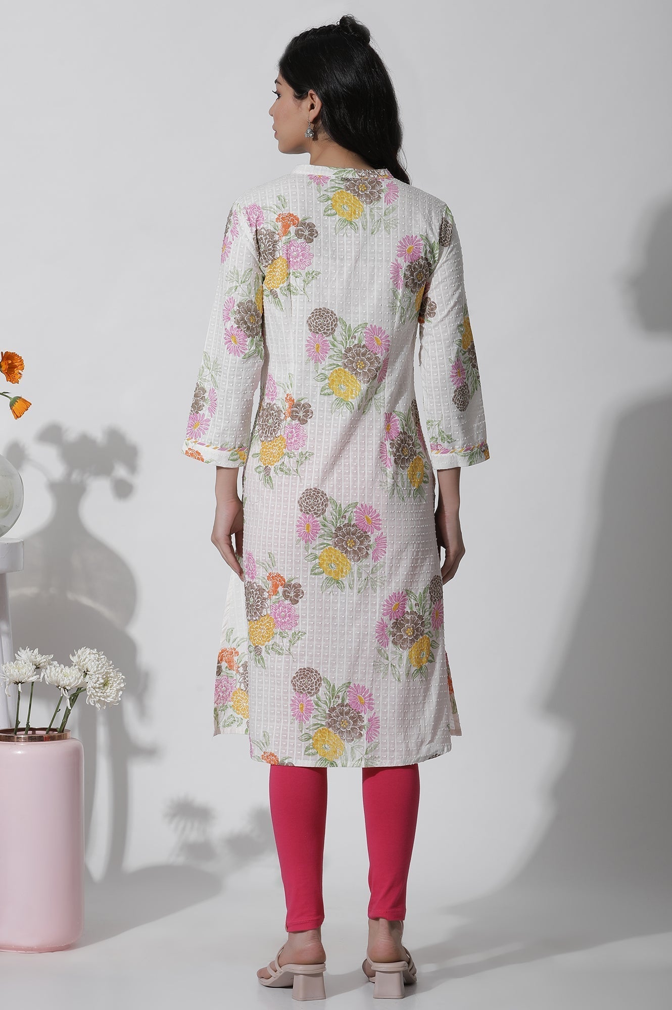 W for Woman White Floral Printed Button Down Cotton Kurta