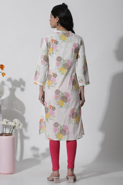 W for Woman White Floral Printed Button Down Cotton Kurta