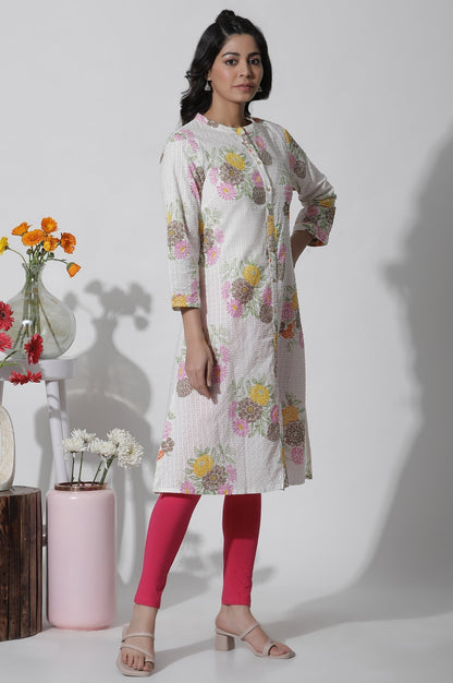 W for Woman White Floral Printed Button Down Cotton Kurta