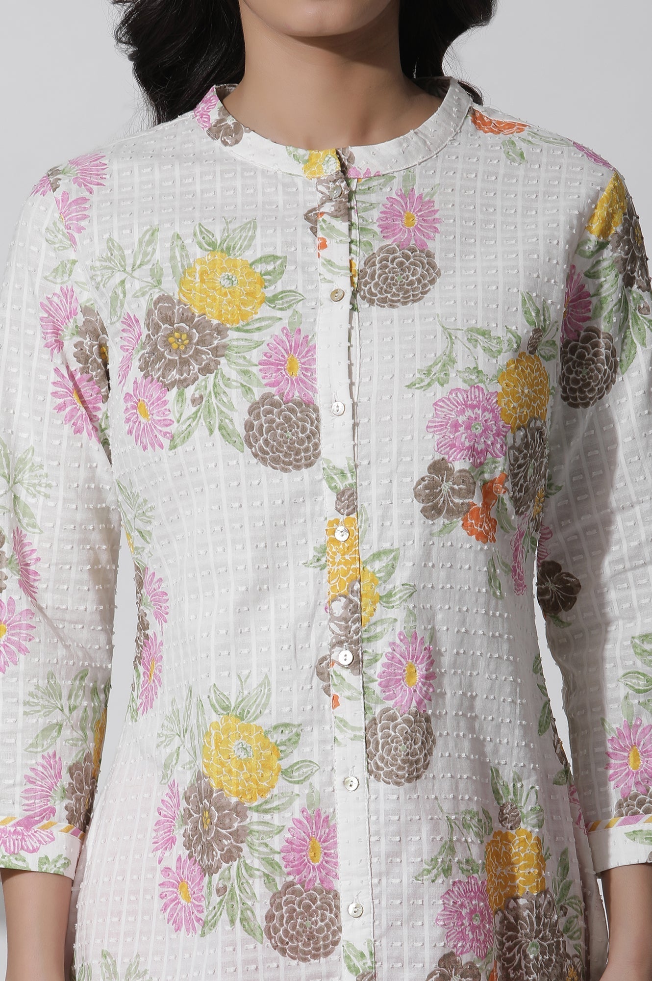 W for Woman White Floral Printed Button Down Cotton Kurta
