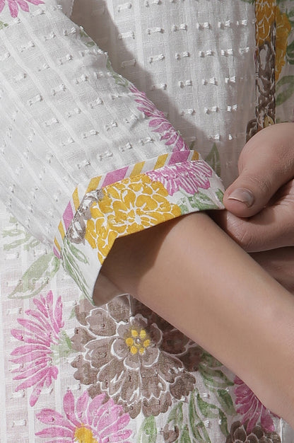 W for Woman White Floral Printed Button Down Cotton Kurta