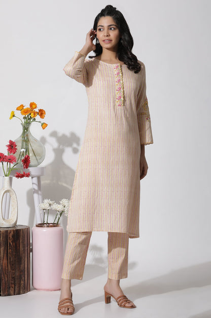 W for Woman Yellow Striped Embroidered Kurta