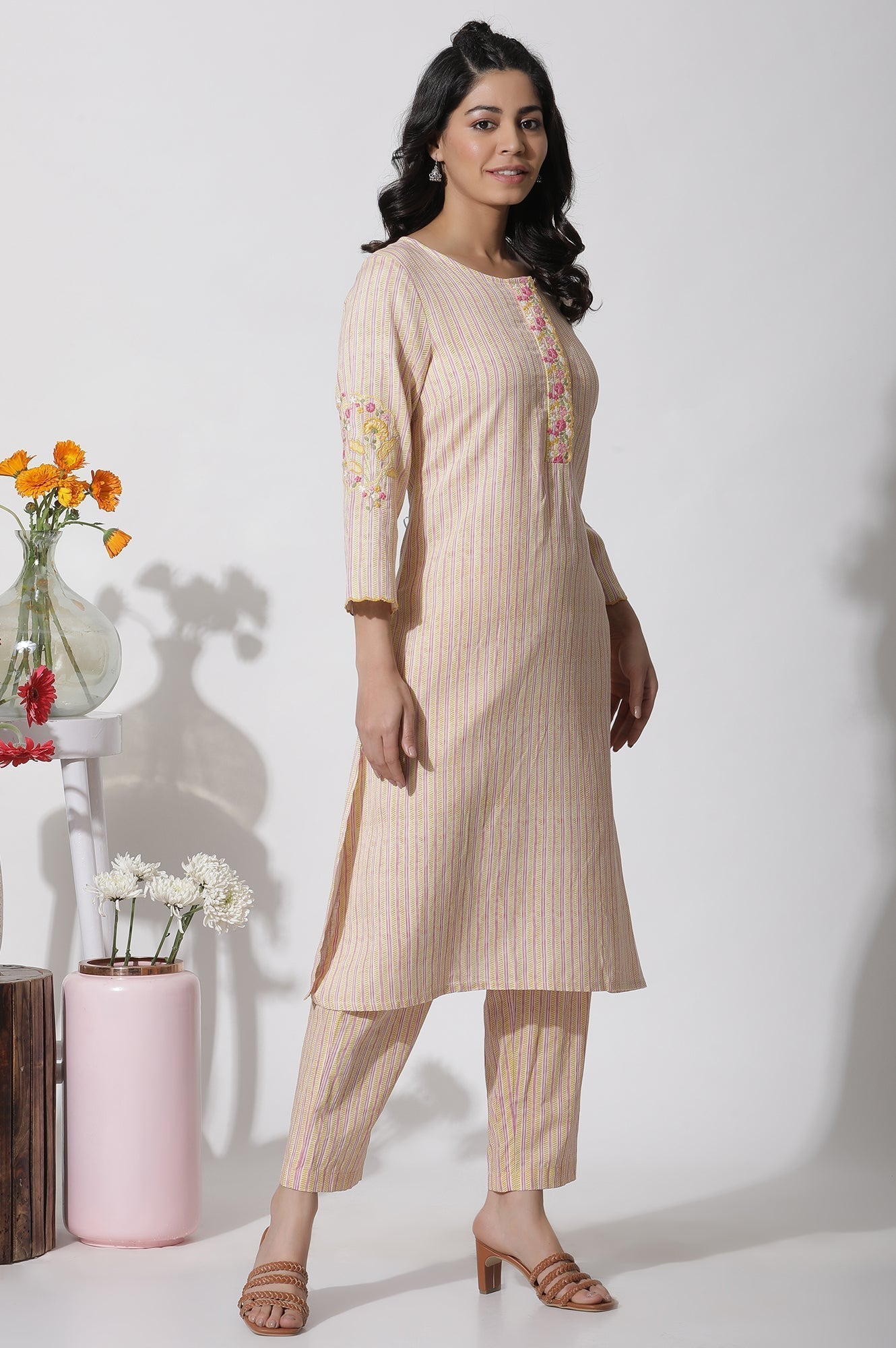W for Woman Yellow Striped Embroidered Kurta