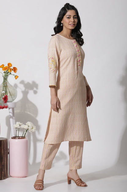 W for Woman Yellow Striped Embroidered Kurta