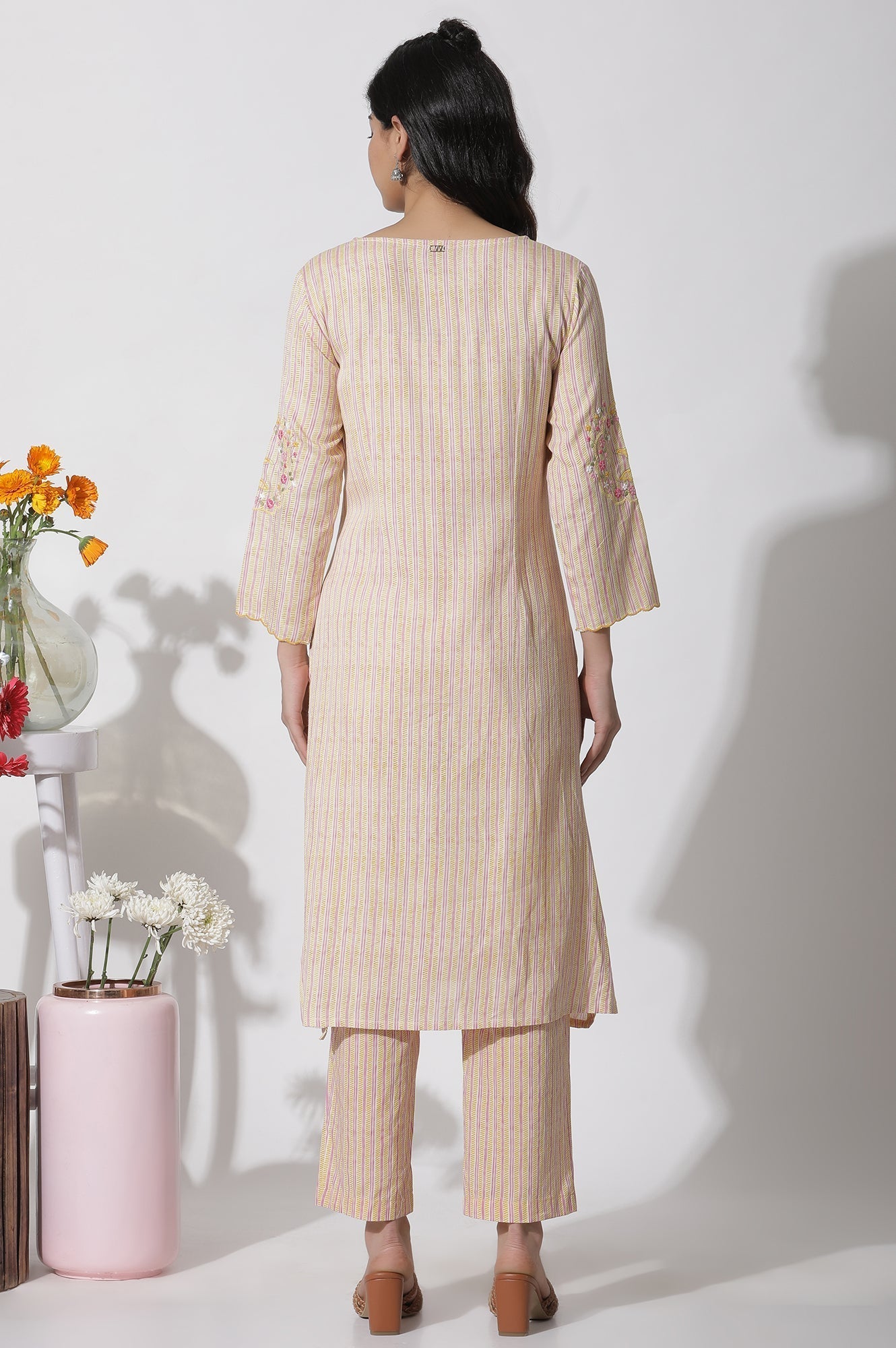 W for Woman Yellow Striped Embroidered Kurta