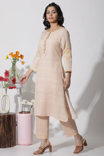 W for Woman Yellow Striped Embroidered Kurta