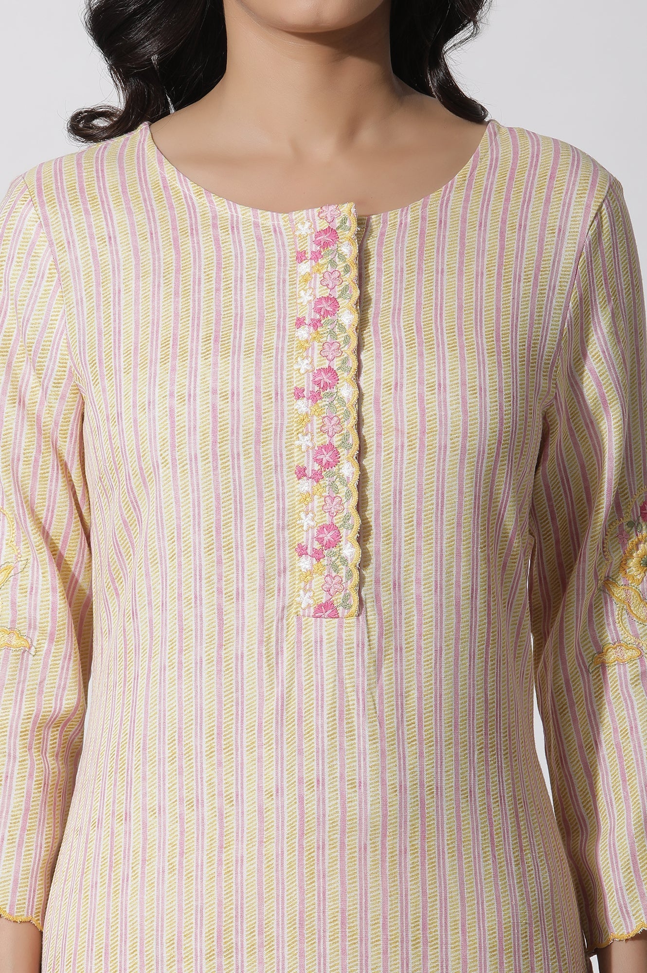 W for Woman Yellow Striped Embroidered Kurta