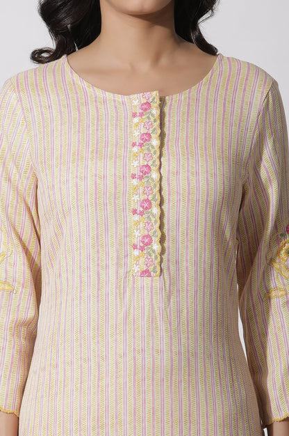 W for Woman Yellow Striped Embroidered Kurta