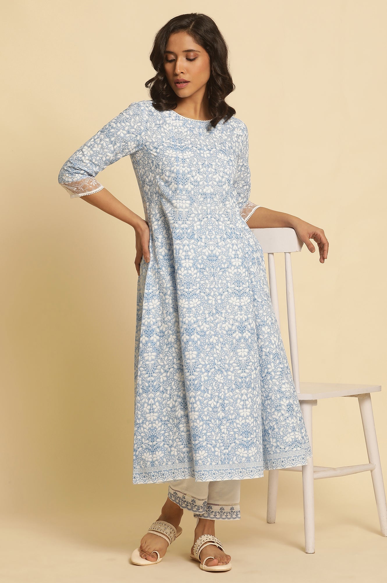 W for Woman Light Blue Floral Printed Pure Cotton Anarkali Kurta