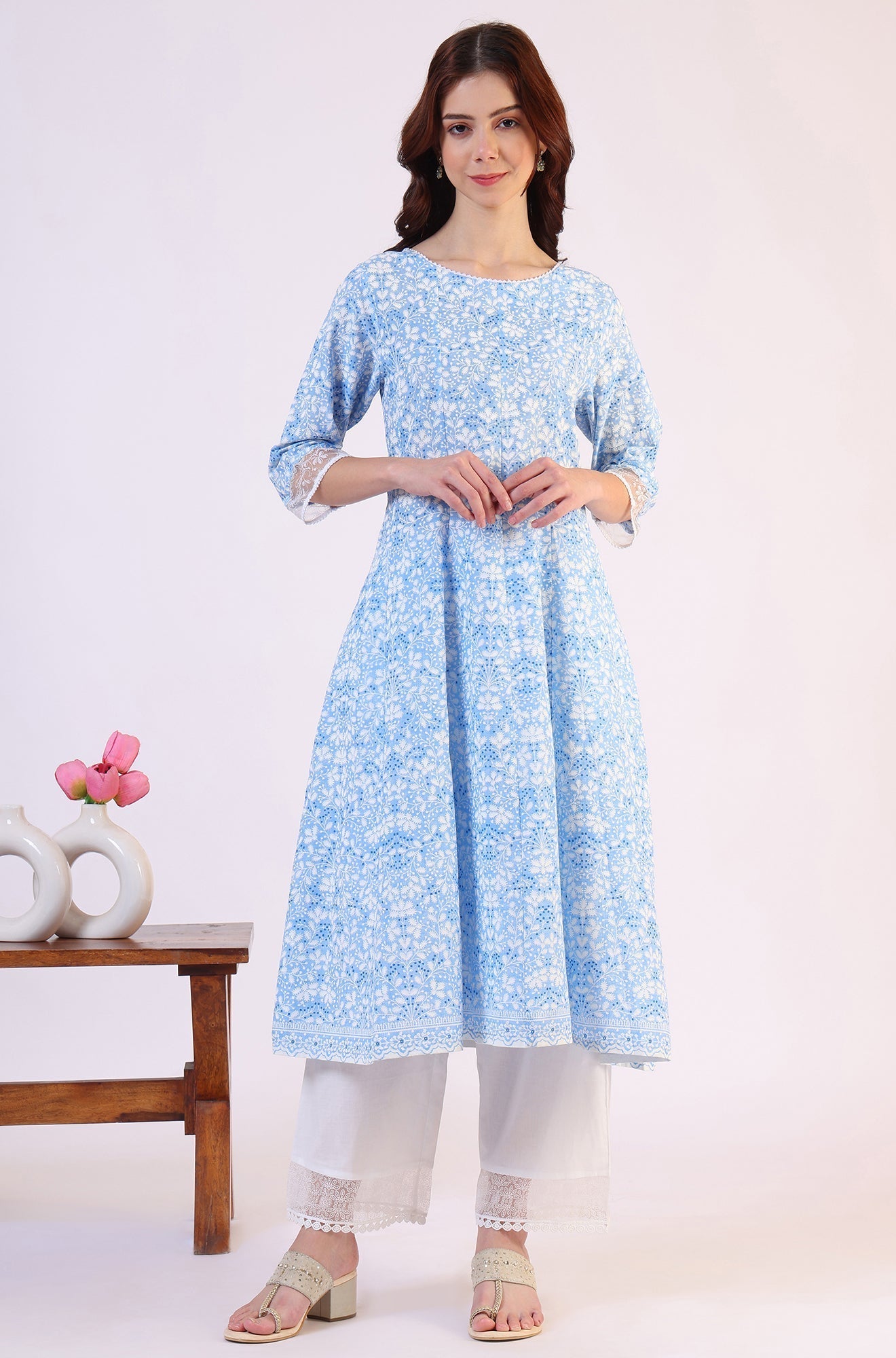 W for Woman Light Blue Floral Printed Pure Cotton Anarkali Kurta and Straight Pants Set