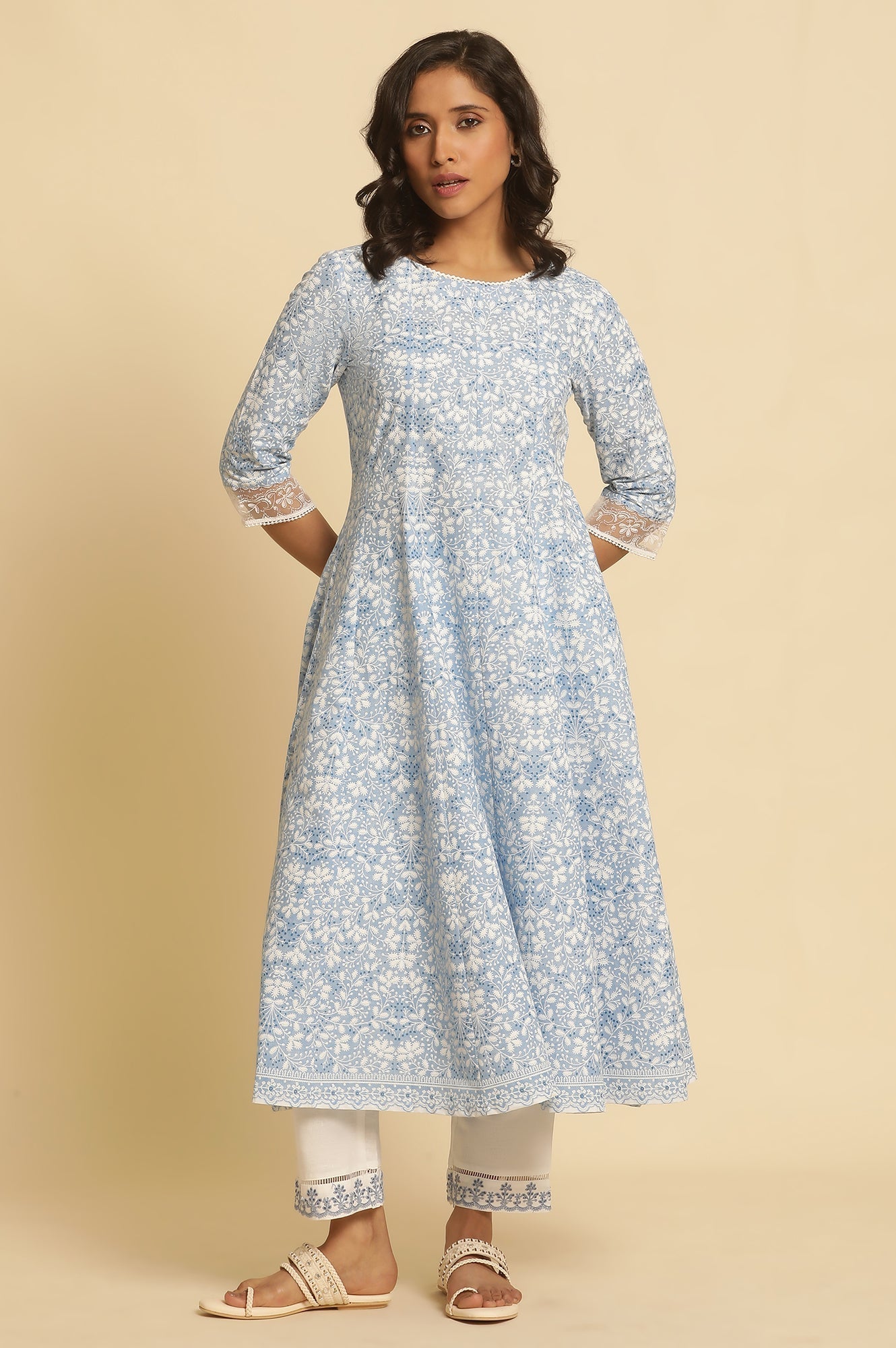 W for Woman Light Blue Floral Printed Pure Cotton Anarkali Kurta