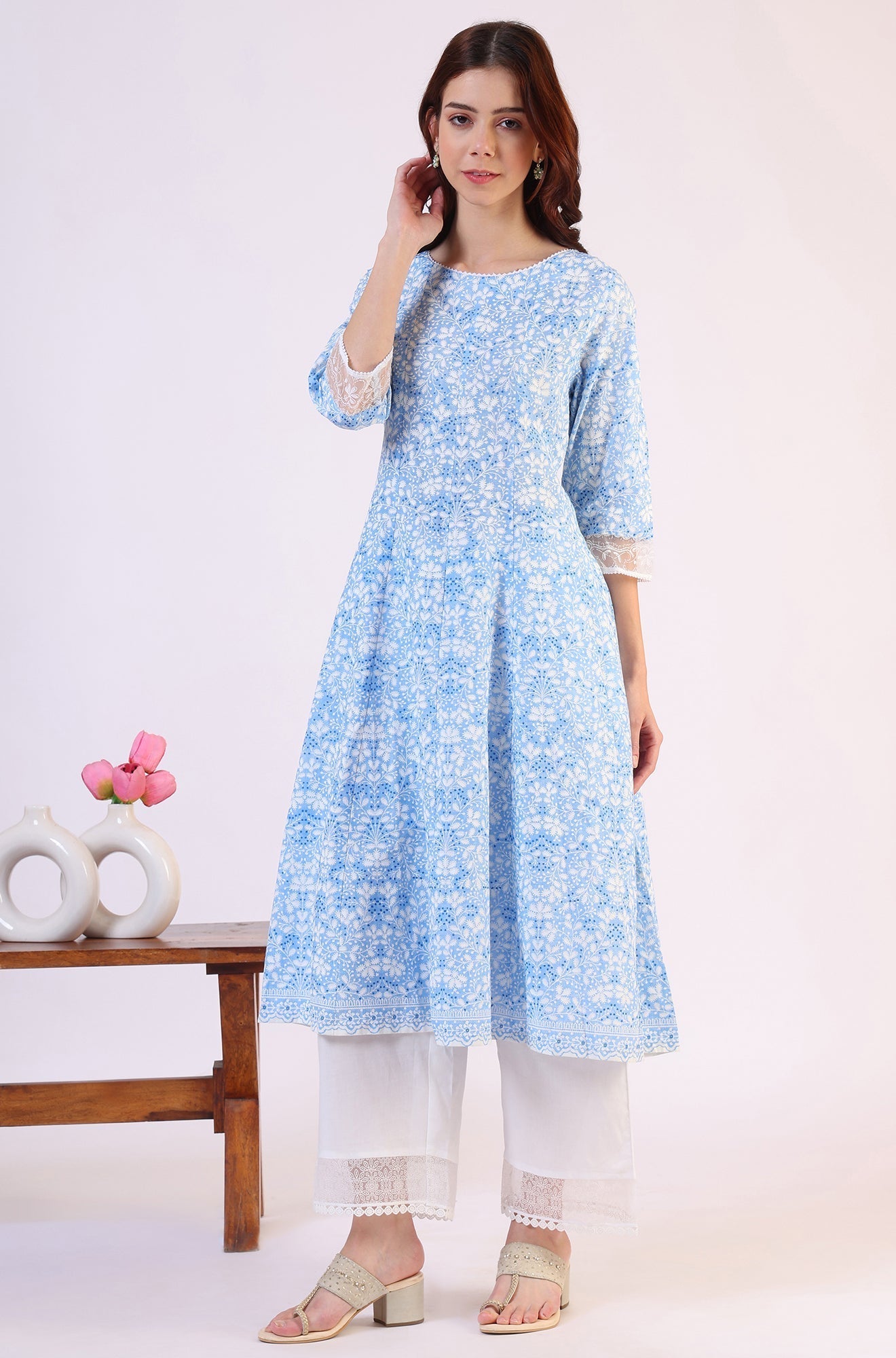 W for Woman Light Blue Floral Printed Pure Cotton Anarkali Kurta and Straight Pants Set