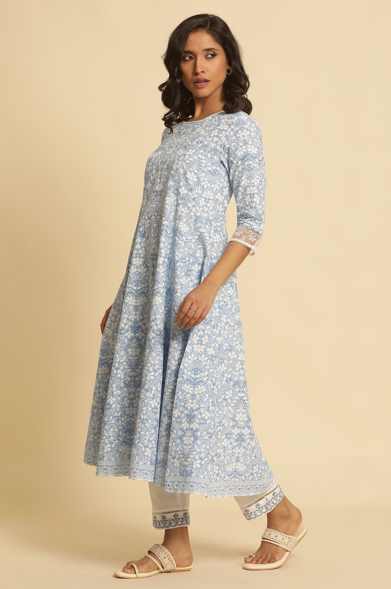 W for Woman Light Blue Floral Printed Pure Cotton Anarkali Kurta