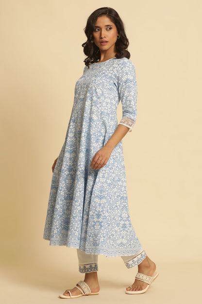 W for Woman Light Blue Floral Printed Pure Cotton Anarkali Kurta