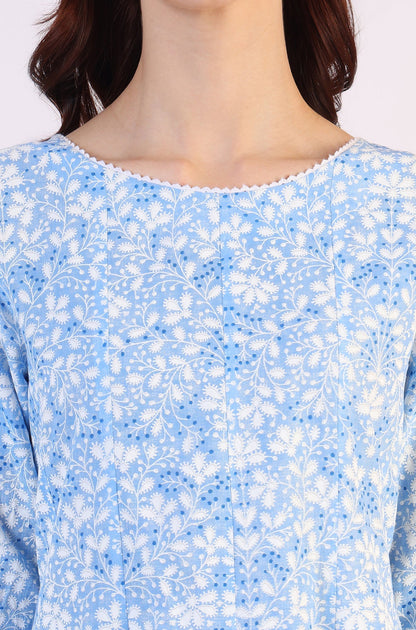 W for Woman Light Blue Floral Printed Pure Cotton Anarkali Kurta and Straight Pants Set