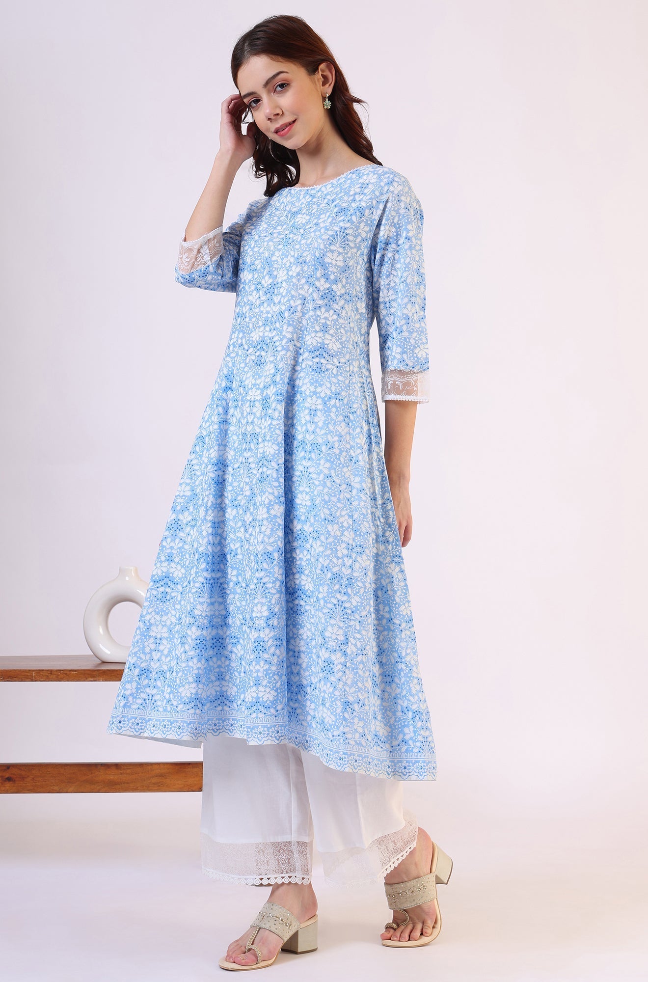 W for Woman Light Blue Floral Printed Pure Cotton Anarkali Kurta and Straight Pants Set