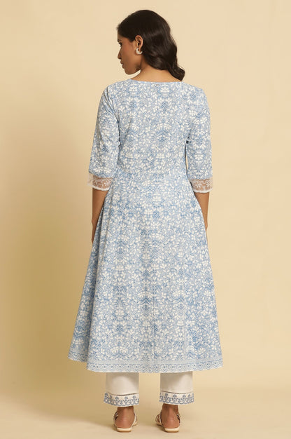 W for Woman Light Blue Floral Printed Pure Cotton Anarkali Kurta