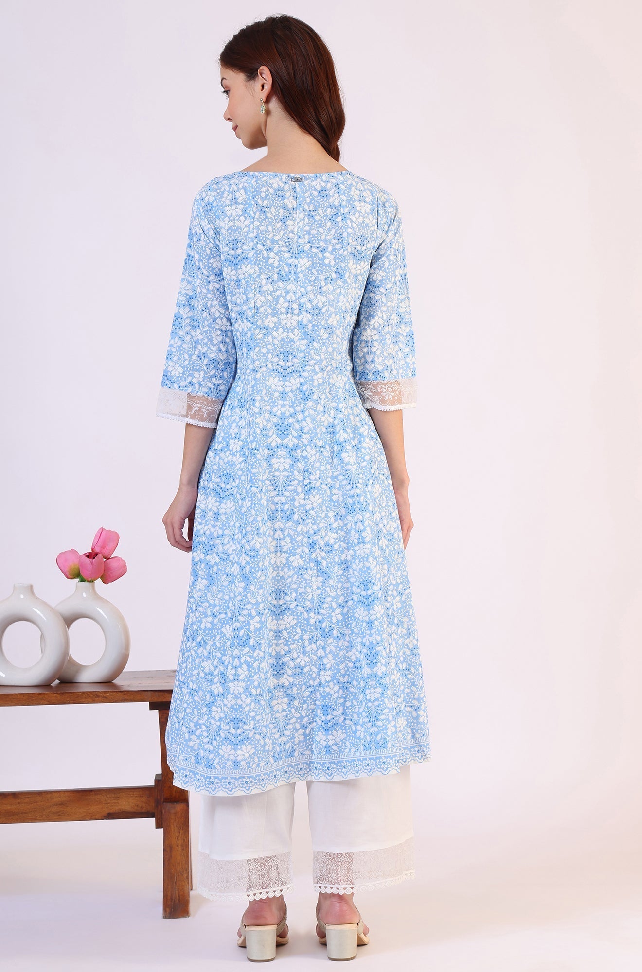 W for Woman Light Blue Floral Printed Pure Cotton Anarkali Kurta and Straight Pants Set