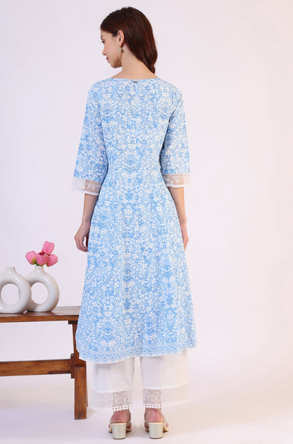 W for Woman Light Blue Floral Printed Pure Cotton Anarkali Kurta and Straight Pants Set