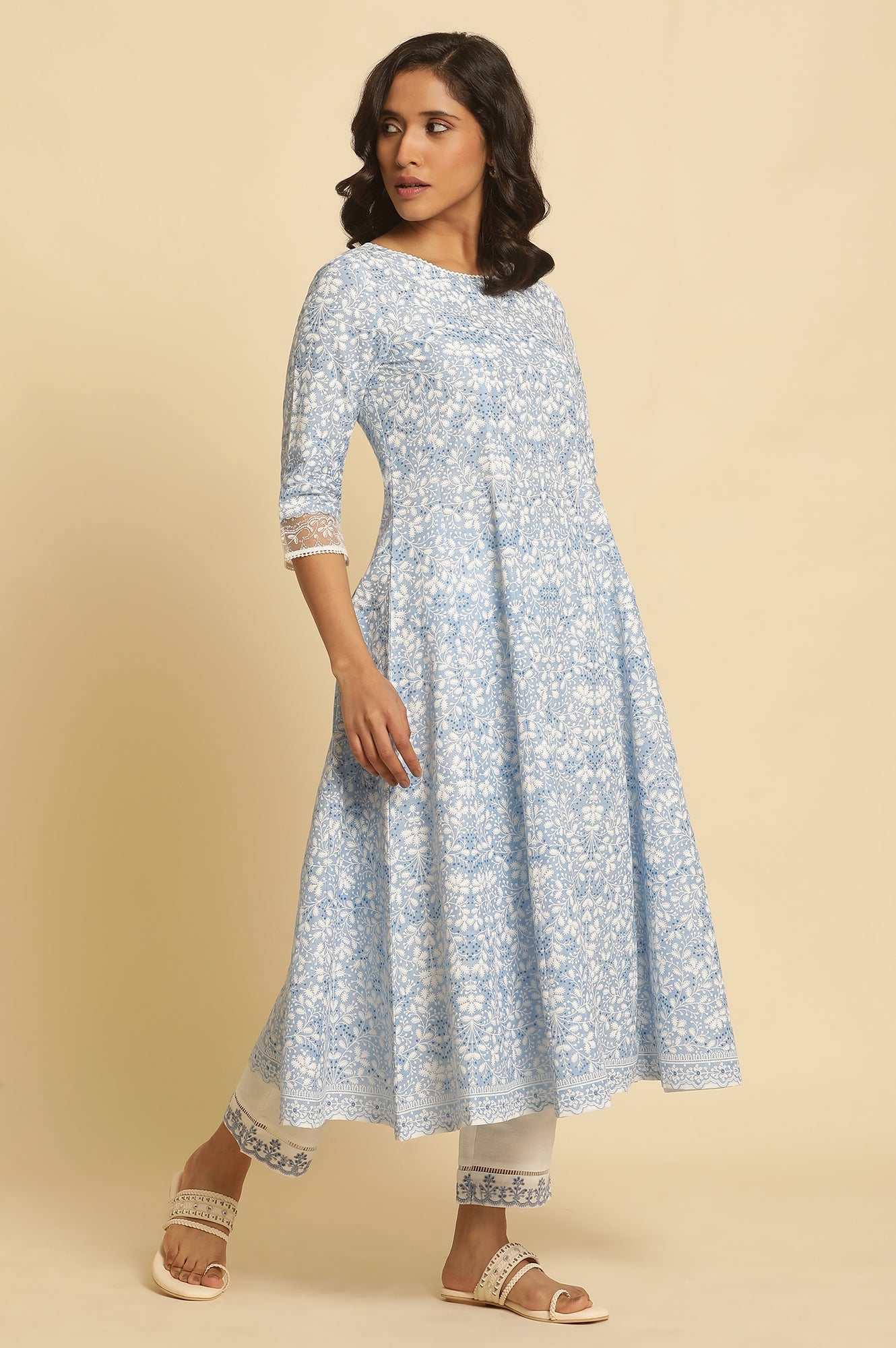 W for Woman Light Blue Floral Printed Pure Cotton Anarkali Kurta