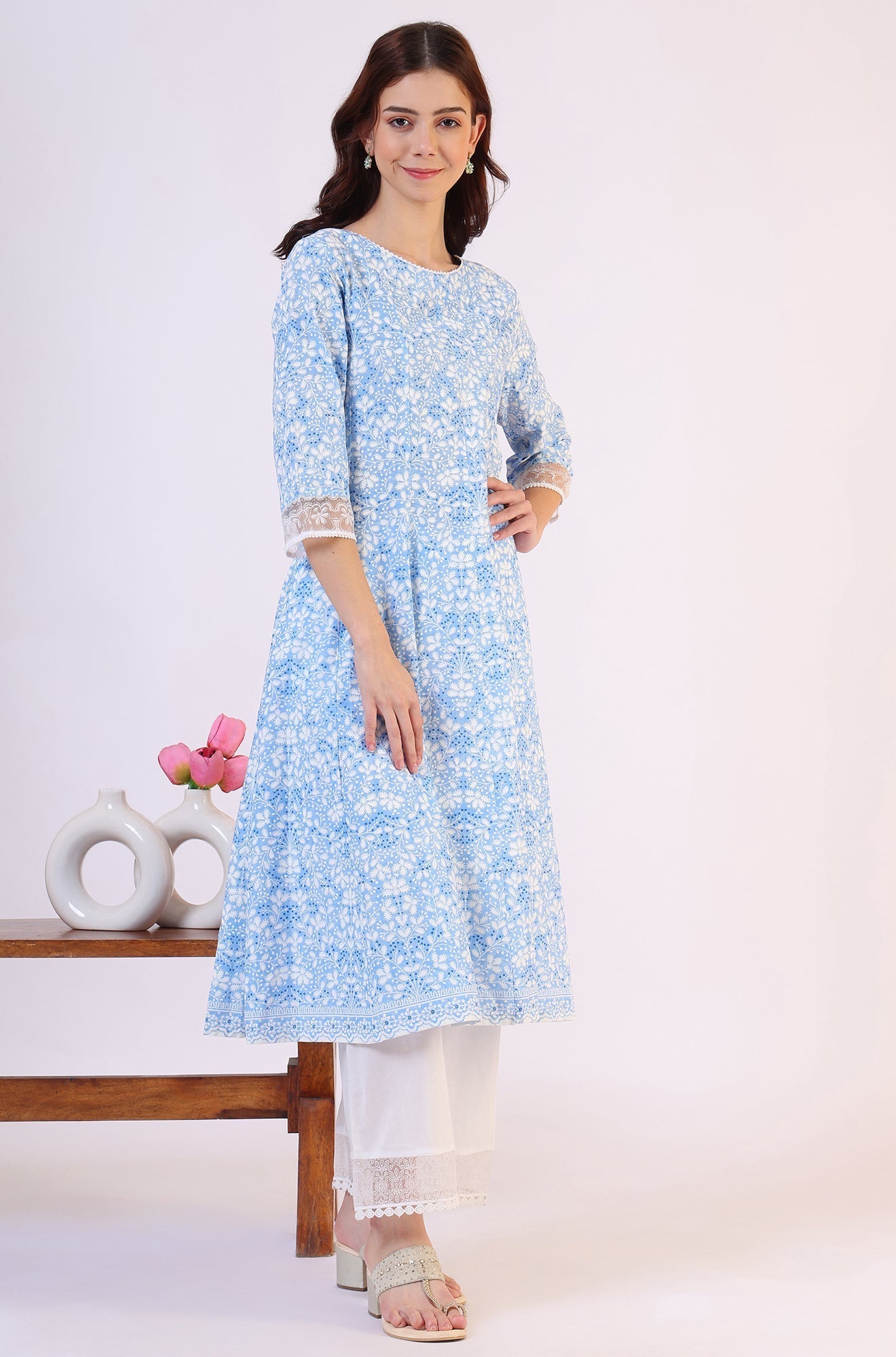 W for Woman Light Blue Floral Printed Pure Cotton Anarkali Kurta and Straight Pants Set