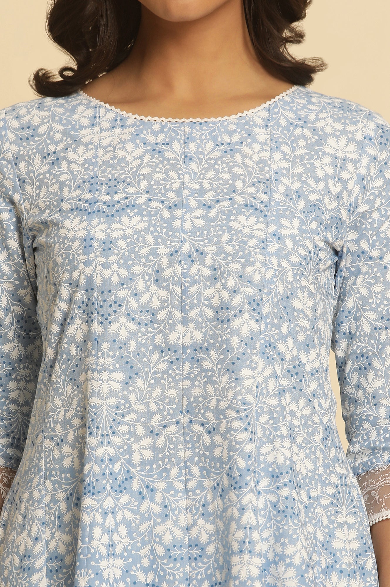 W for Woman Light Blue Floral Printed Pure Cotton Anarkali Kurta