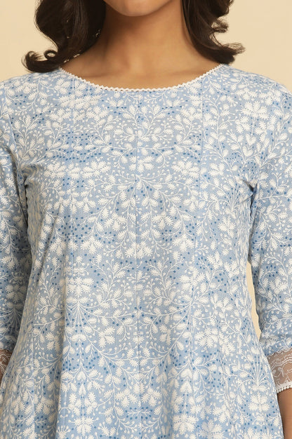 W for Woman Light Blue Floral Printed Pure Cotton Anarkali Kurta