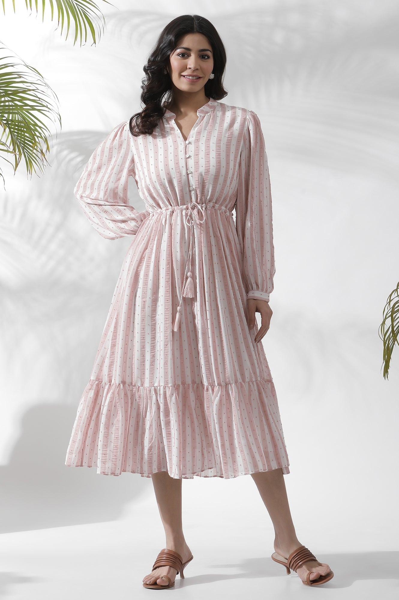 W for Woman White And Pink Striped Frill Dress