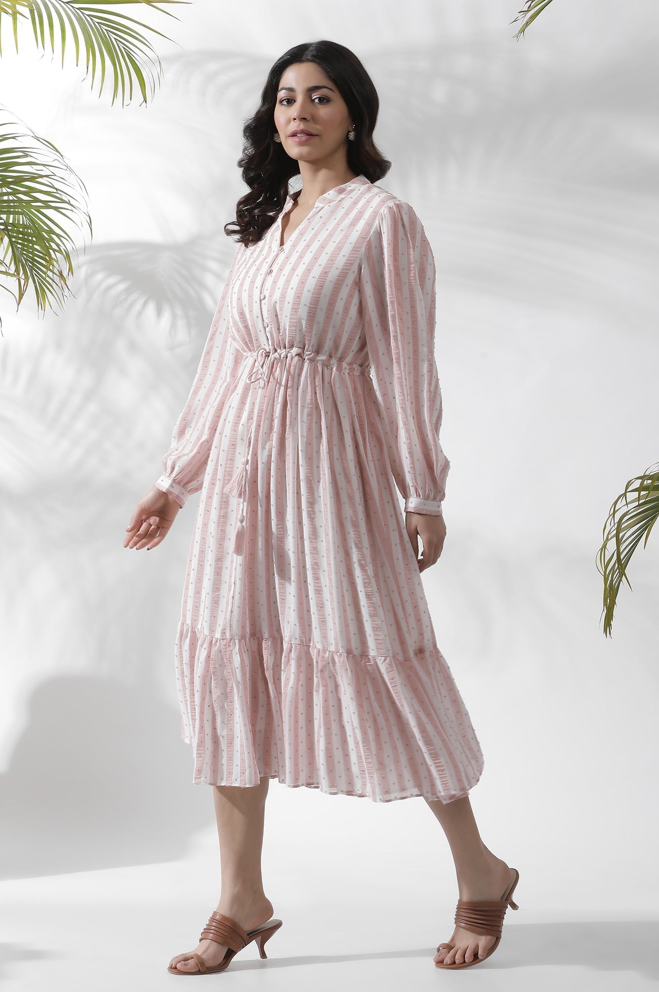 W for Woman White And Pink Striped Frill Dress