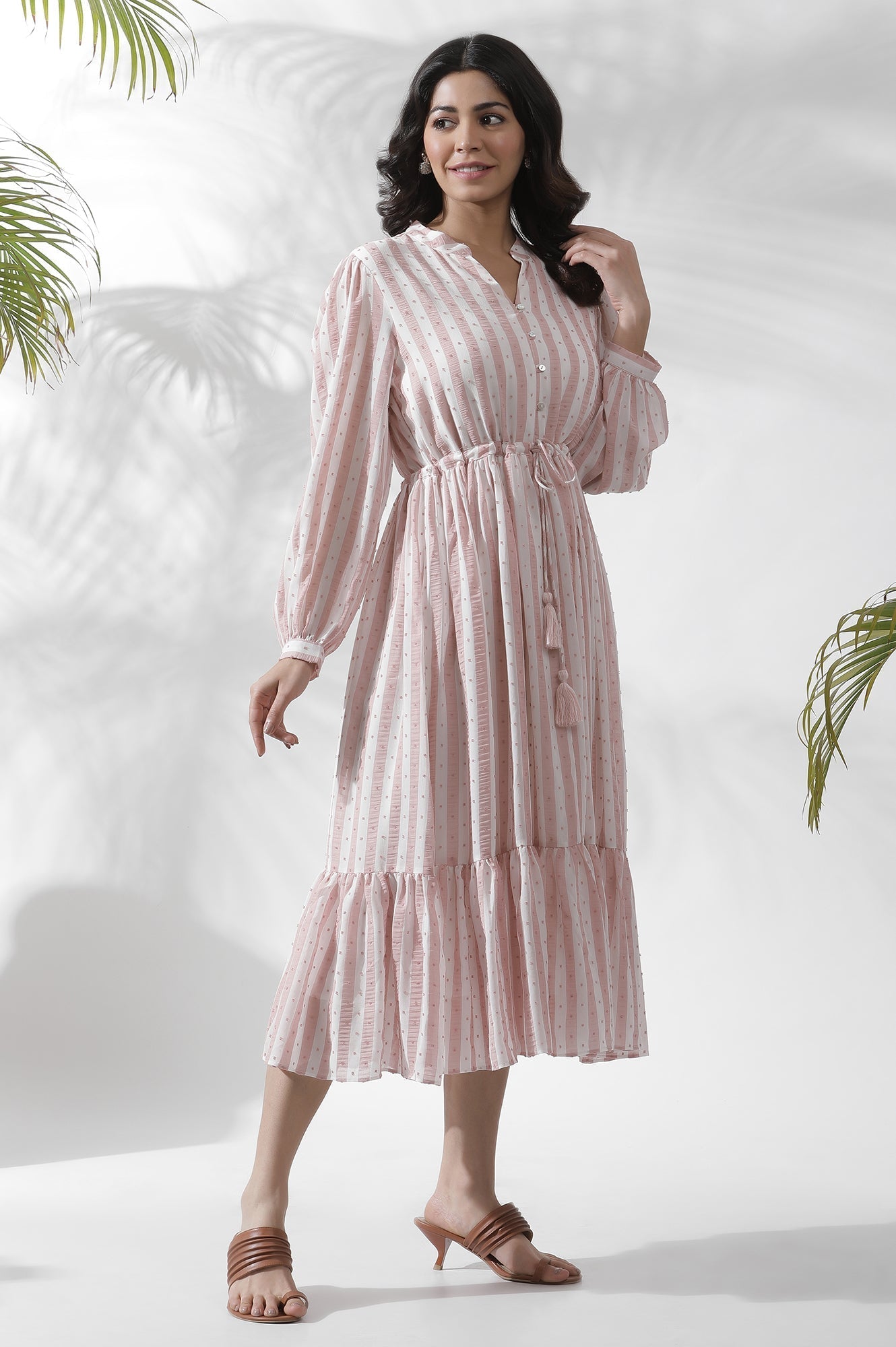 W for Woman White And Pink Striped Frill Dress