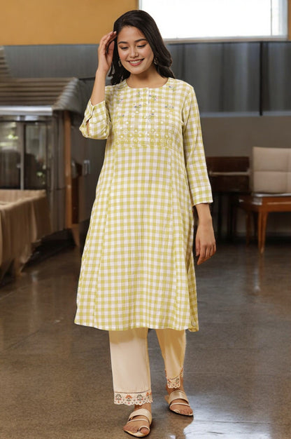 W for Woman White And Celery Green A-Line Cotton Checker Kurta