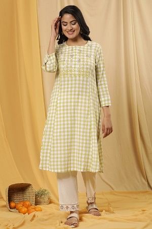 W for Woman White And Celery Green A-Line Cotton Checker Kurta