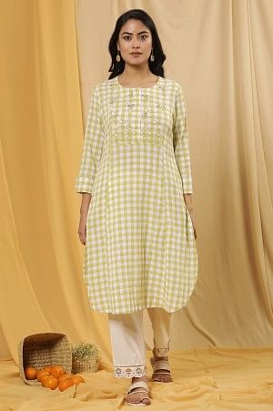 W for Woman White And Celery Green A-Line Cotton Checker Kurta