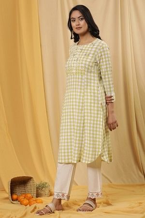 W for Woman White And Celery Green A-Line Cotton Checker Kurta