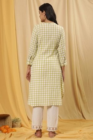 W for Woman White And Celery Green A-Line Cotton Checker Kurta