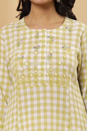 W for Woman White And Celery Green A-Line Cotton Checker Kurta
