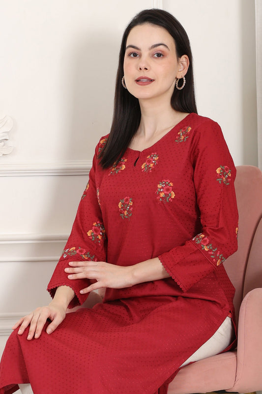 W for Woman Maroon Thread Embroidered Yoke Textured Dobby Straight Kurta