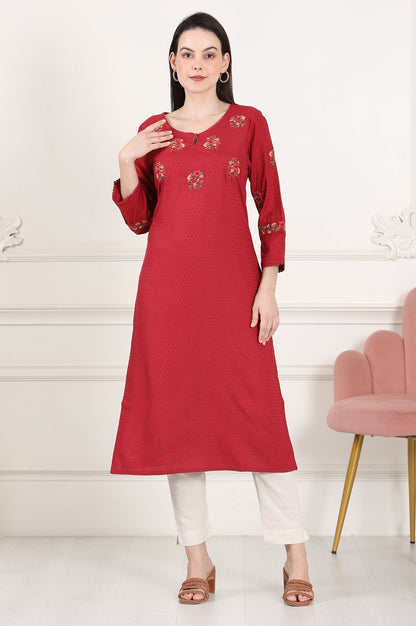 W for Woman Maroon Thread Embroidered Yoke Textured Dobby Straight Kurta