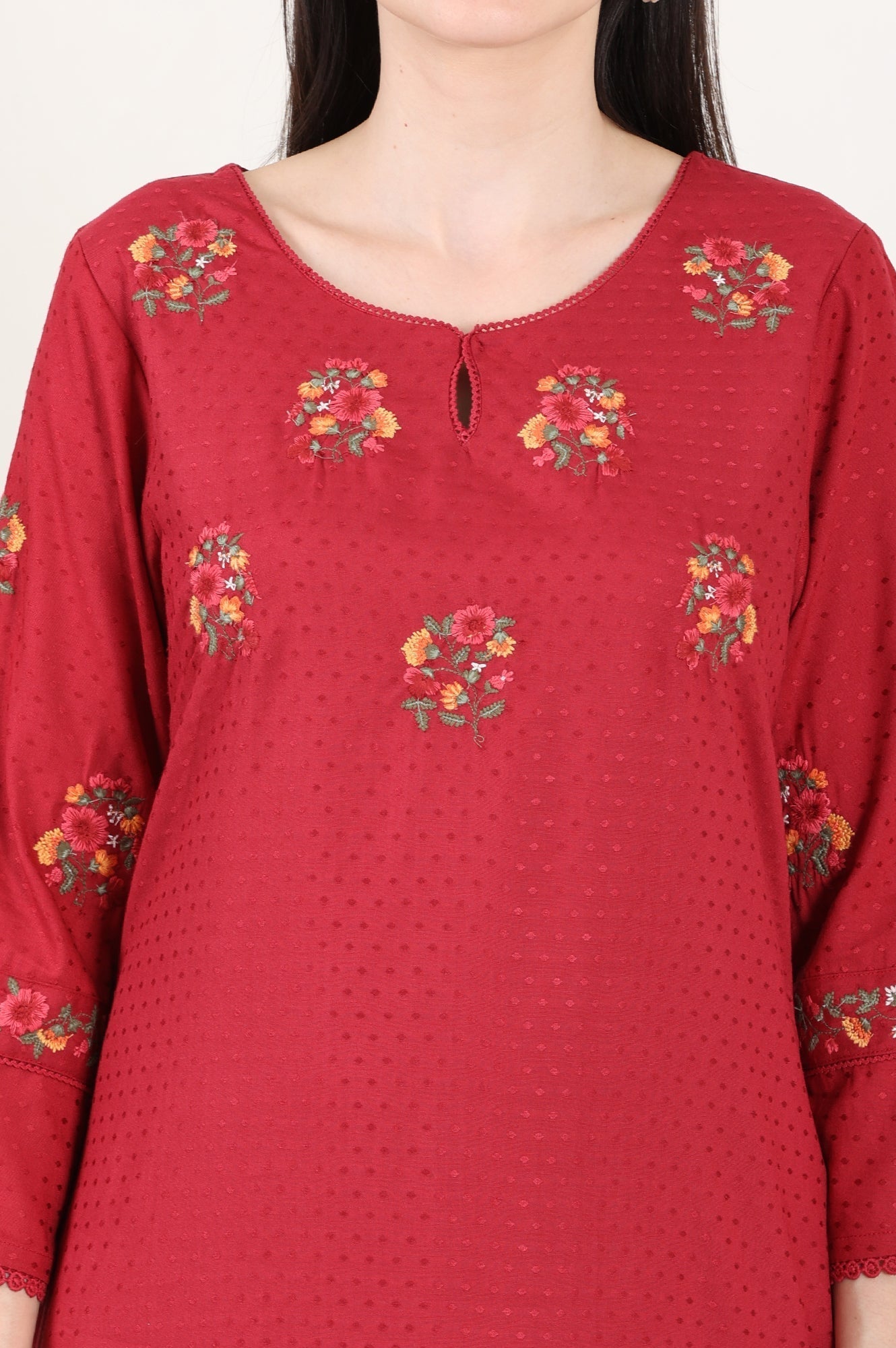 W for Woman Maroon Thread Embroidered Yoke Textured Dobby Straight Kurta