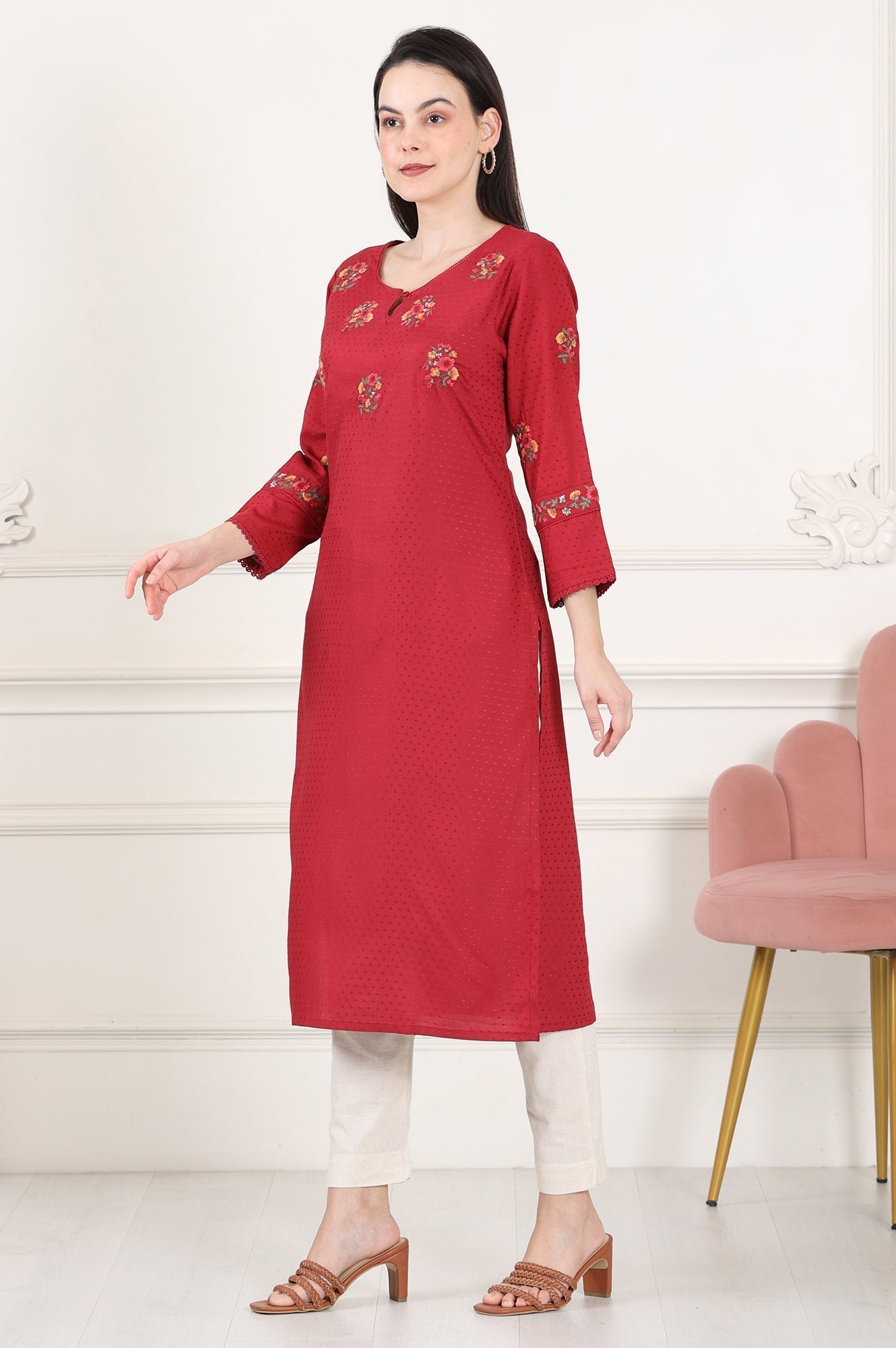 W for Woman Maroon Thread Embroidered Yoke Textured Dobby Straight Kurta