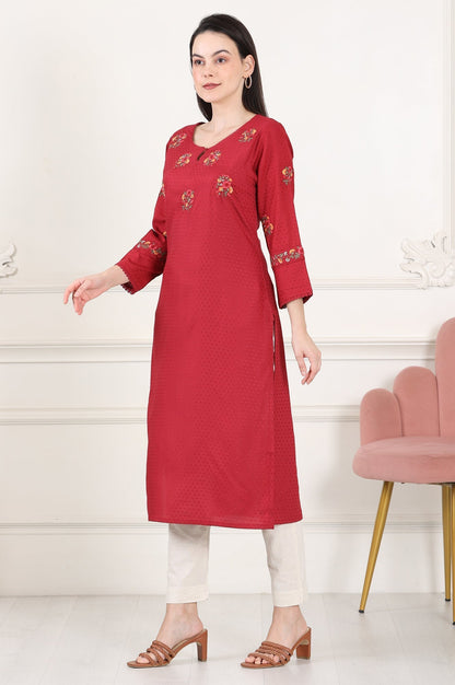 W for Woman Maroon Thread Embroidered Yoke Textured Dobby Straight Kurta