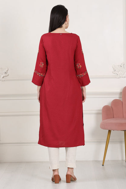 W for Woman Maroon Thread Embroidered Yoke Textured Dobby Straight Kurta