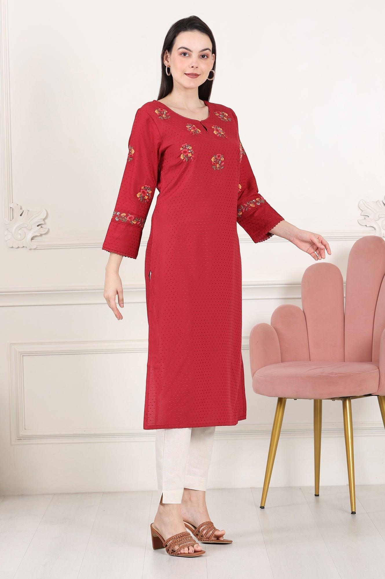 W for Woman Maroon Thread Embroidered Yoke Textured Dobby Straight Kurta