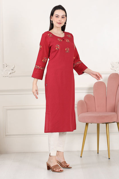 W for Woman Maroon Thread Embroidered Yoke Textured Dobby Straight Kurta