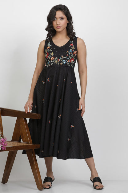 W for Woman Black Cotton Sleeveless Dress With Embroidery