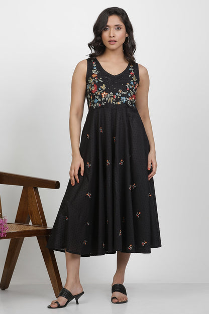W for Woman Black Cotton Sleeveless Dress With Embroidery