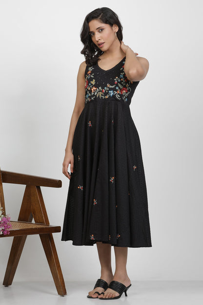 W for Woman Black Cotton Sleeveless Dress With Embroidery