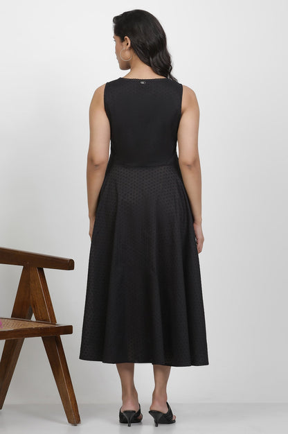 W for Woman Black Cotton Sleeveless Dress With Embroidery