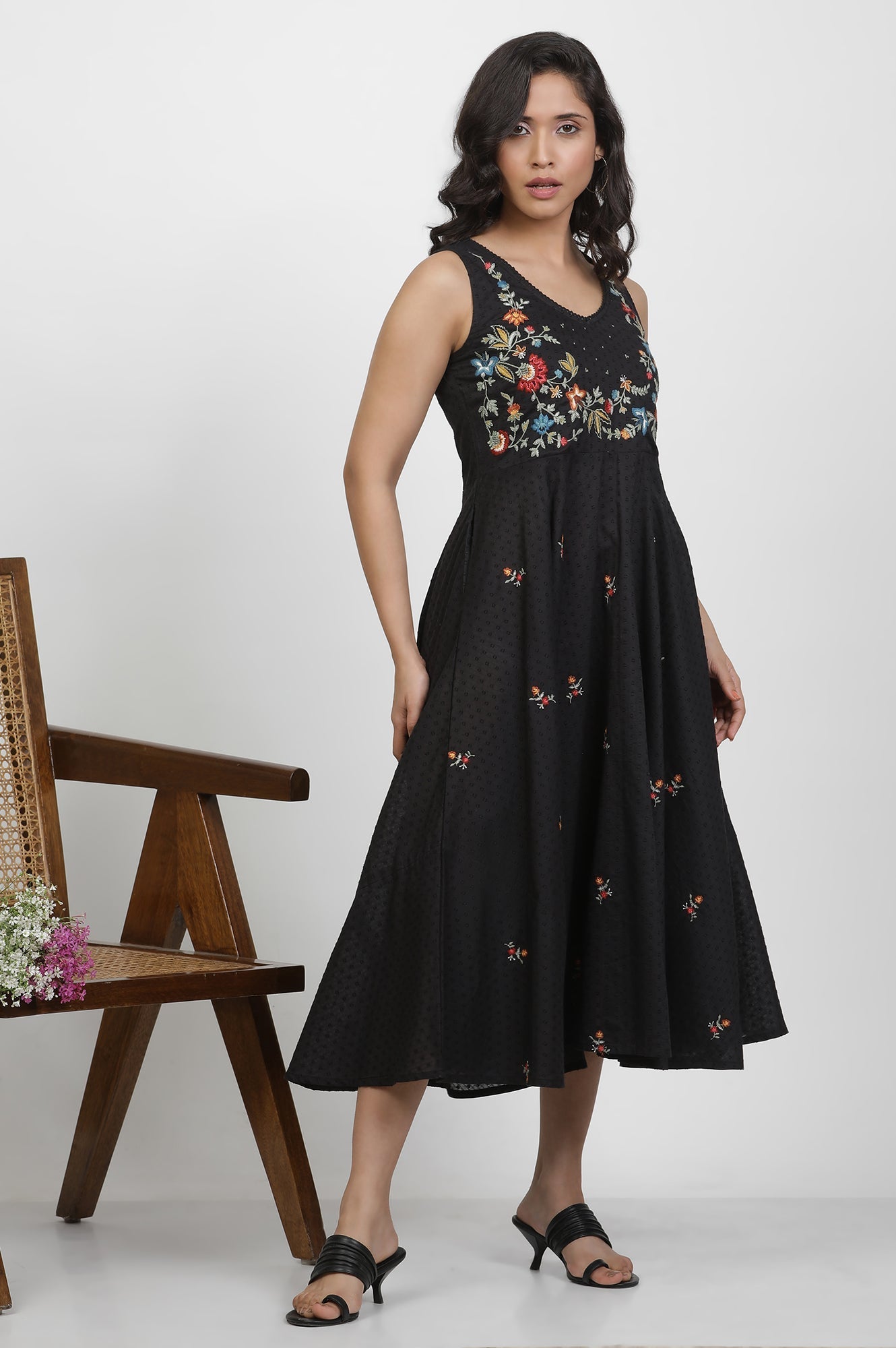 W for Woman Black Cotton Sleeveless Dress With Embroidery